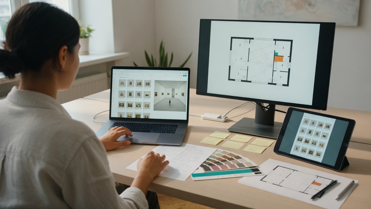Over-the-shoulder photo of a curator organizing a virtual art exhibition at a modern desk,