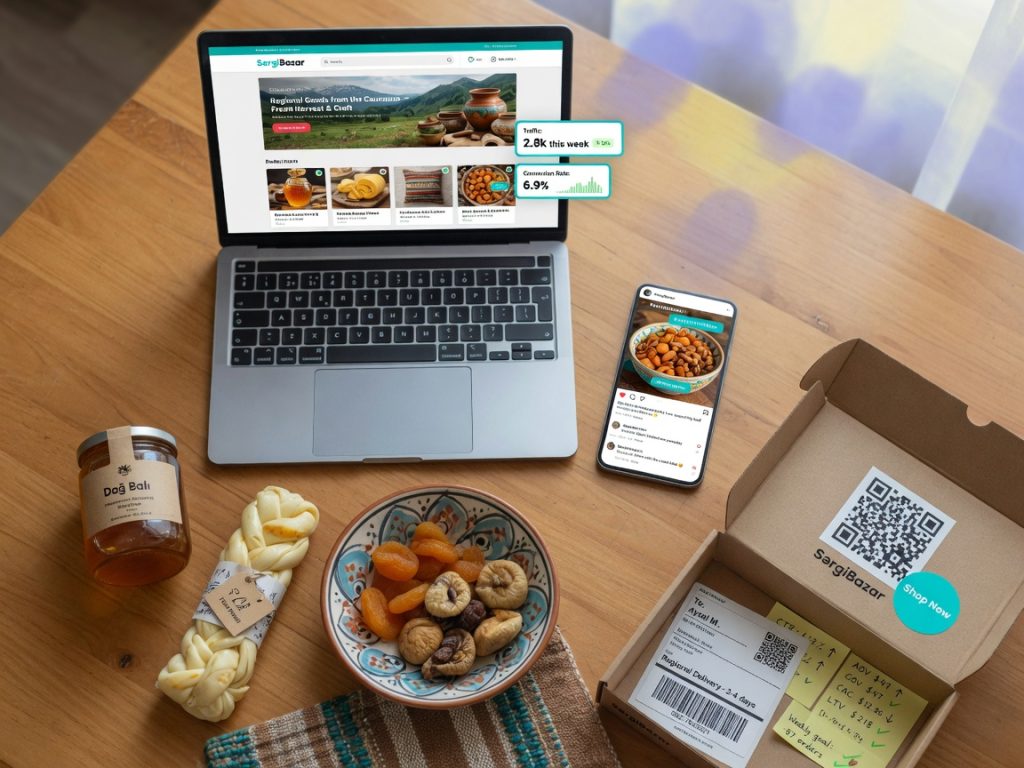 Top-down photo of a wooden desk with a laptop showing the SərgiBazar online store,