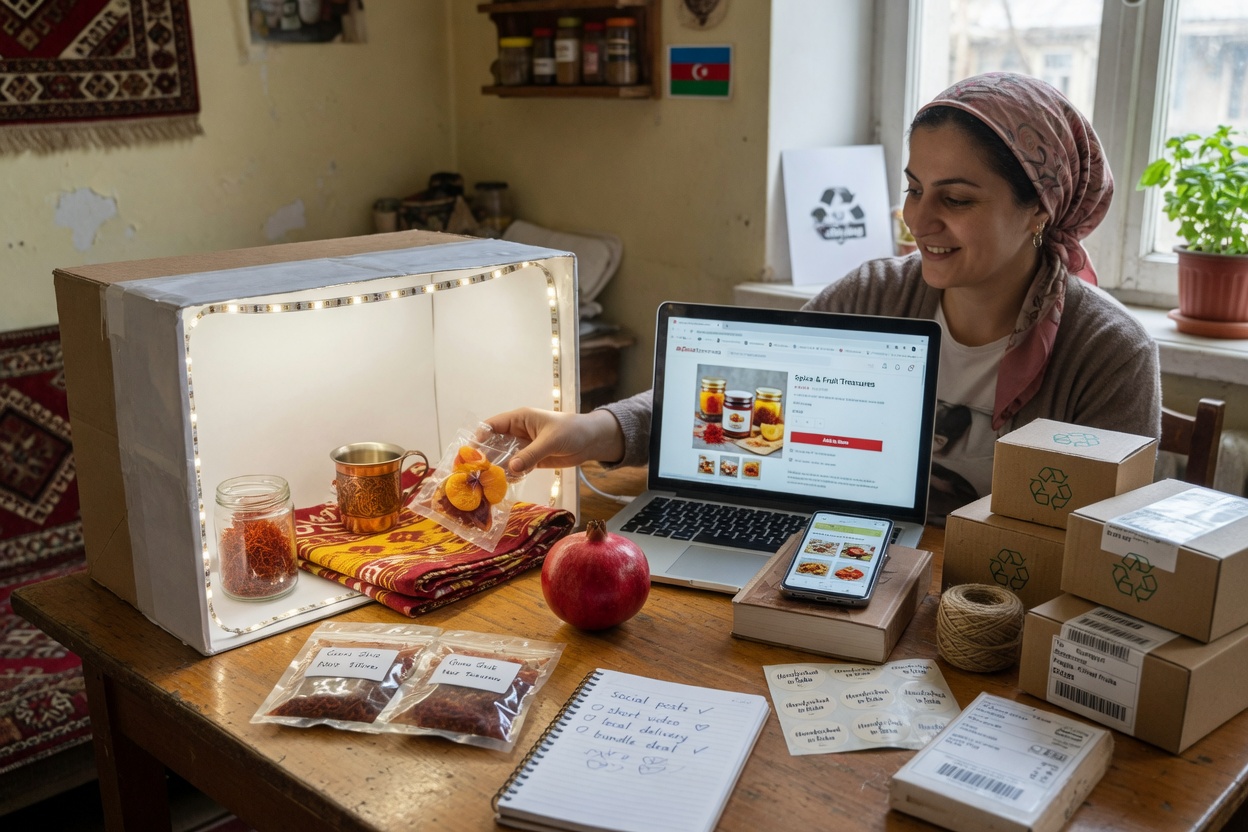 A micro-entrepreneur in a bright home workspace in Azerbaijan packages regional products and updates