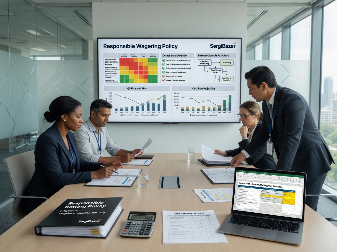 Corporate team in a glass-walled meeting room reviewing a responsible wagering risk dashboard, with